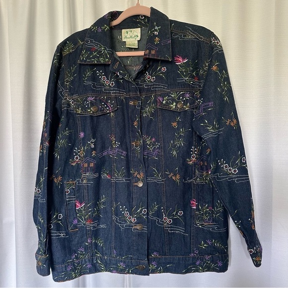 Quacker Factory Jacket Embroidered Floral Blue Denim Jean Trucker Women's Size L - Picture 1 of 13